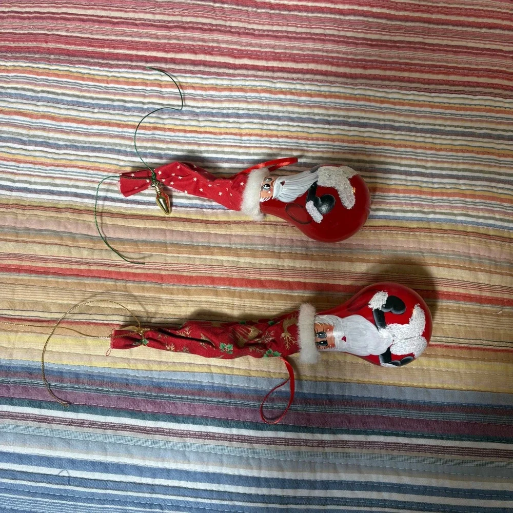 Vintage Hand Painted Light Bulb Santa Ornaments Set of 2 Christmas Folk Art Red